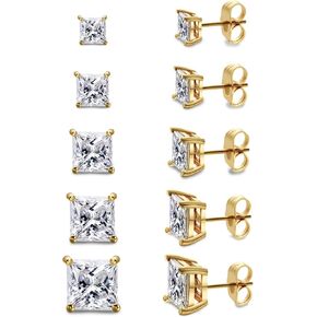 GEMSME 18K Gold Plated Princess Cut Clear Cubic Zirconia Stud Earrings Pack of 5 (gold)