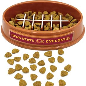 NCAA Super -Bowl - Iowa State Cyclones Slow Feeder Dog Bowl. تصميم كرة القدم بطيئة التغذية السلطانية للهضم الصحي. وعاء الحيوانات الأليفة غير المنقوش للكلاب والقطط الكبيرة والصغيرة