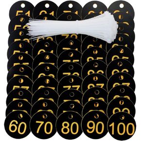 ONLYKXY Plastic Number Tag 1-100 Numbered Marking Identification Hang Tags Luggage Labels ID Tag with Rings for Organized Coded Key Box Cabinet Plant Coding Tag (Black Base Yellow Word)