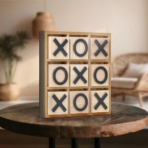 American Art Decor Wooden Tic Tac Toe Board Game Set - Vintage Coffee Table Decor - Family, Kids & Adult Tabletop Puzzles for Game Night (Brown, 9" x 9" x 1.3")