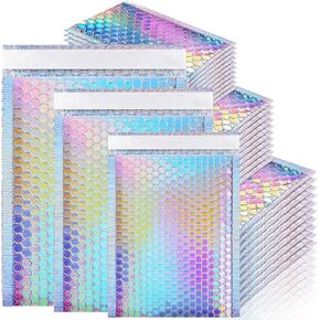 50 Pcs Holographic Bubble Mailers,Metallic Bubble Mailers,Waterproof Poly Padded Envelopes,Self Sealing Cushion Envelopes,Foil Glitter Glamour Shipping Bags for Mailing,Shipping,Packing,Small Business