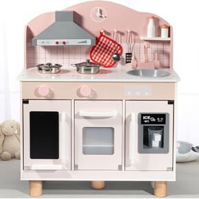 BlueWood Wooden Kids Kitchen Playset for Toddlers Ages 3-8, with Induction Hob, Oven, Ice Maker, Hood, and Tap - Châtelet Creamy Pink