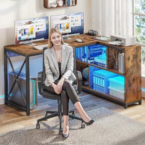 YITAHOME Small Computer Desk with Storage Shelves, 55" L Shaped Desk with Power Outlets & LED Lights, Coner Home Office Desk for Small Space, Rustic Brown