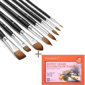 8Pcs Kolinsky Sable Watercolor Brushes with 20 Sheets 7x10-inch Cold Pressed Watercolor Pad - 140LB/300GSM Art Paper Block for Watercolor Gouache Ink