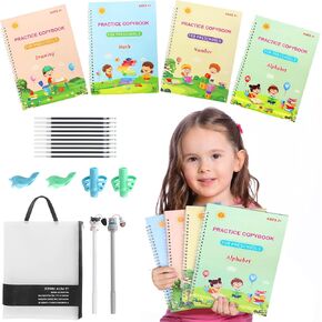 تدريب كتاب الكتابة اليدوية ، لخط اليد المقبول ترقيته ، PRATCOOL PRASTALL FOR 3-8 CALLIGRAPHY (Enlarged-Version 4 Books +2 Pens +4 Pencil Grips +10 chillls +1 حقيبة يد)