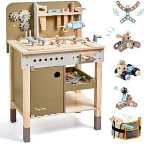 Kids Tool Set,Wooden Tools Bench with Apron Toddler Toy Workbench with Realistic Tools Electric Drill STEM Construction Toy Gifts for Age 3-9 Boys Girls