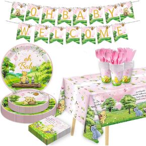178pcs Pink Winnie Beart Beaby Shower Pooh Party Supplies Oh Paby Plates and Fedical Tableware for Boys Girls Newborn Kids Coups Tableloth Banner Decortings for 25