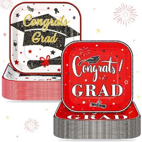 100 PCS 2025 Party Party Plates 7 × 7 في ألواح الورق Grad Carrats قابلة للتخلص من صواني عشاء مزخرفة للتخرج لتوفير الإمدادات (الأزرق ، الذهب)