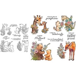 Love Mama Kids Animals in Spring Flowers Clear Stamp for Card Making Mother's Day Gifts DIY Scrapbooking Supplies Silicone Stamp with Plastic Envelope Bag for Albums Crafts Decor