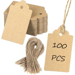 UniClife 100 PCS Kraft Paper Tags with Jute Twine Hang Tags for DIY ، والملابس ، والزفاف ، وعيد الميلاد ، وعلامات علامات البضائع ، 2.76 "× 1.55"