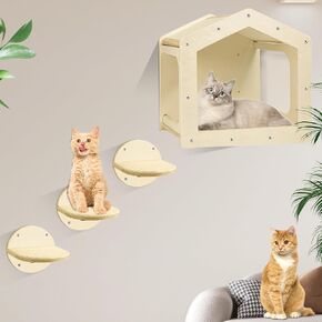 Cat Wall Shelves and Perches - House Fit for Cats Up to 25Lbs, 1 Condo and 3 Large Steps With Scratching Pad, Climbing Shelf for Indoor Furniture