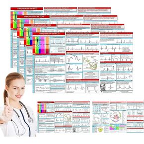 4PCS EKG Pocket Guide على الوجهين-بطاقة مرجعية لتفسير ECG لإيقاع ECG للممرضات ، طلاب المسعفين-ورقة غش محمولة للممارسة السريرية التعليمية السريعة