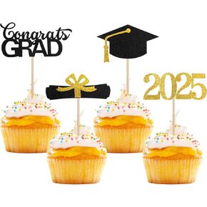 تخرج التخرج من القبعات العليا 2025 ، 4 نمط بريق التصميم من 2025 كب كيك أغطية أعلى ، تهانينا تختار كب كيك لتخرج ديكورات كعكة التخرج الأحمر والأسود