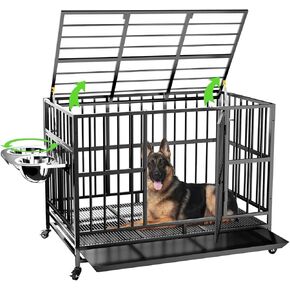 LOVMOR 43" Heavy Duty Dog Crate with Unique Air Lift Rod/Wheels/ 360° & Adjustable 2 Bowls, Extra Medium Dog Crate