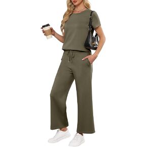 ANRABESS Women 2 Piece Outfits Summer Short Sleeve Wide Leg Tracksuits Casual Matching Lounge Sets Sweatsuits Travel Clothes