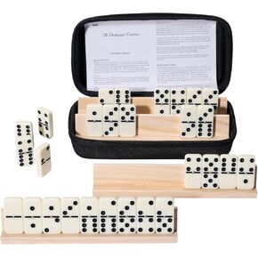 مجموعة دومينو للبالغين ، 28 بلاطًا مع 4 رفوف/صواني خشبية ، مجموعة ألعاب Double 6 Domino المحمولة ، لعبة لوح كلاسيكية للمرح العائلي