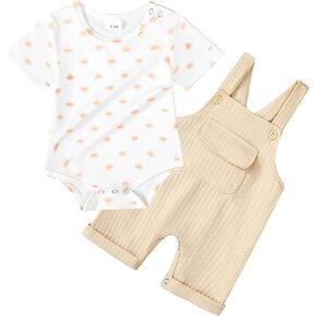 CARETOO Newborn Baby Boy Clothes Infant Boy Romper Fall Winter Outfits Bodysuit 2Pcs Striped Long Sleeve Top Overalls 0-18M