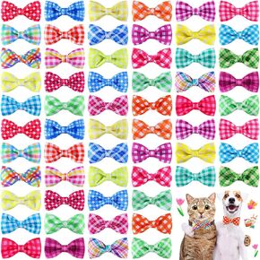 Silkfly 60 Pcs Easter Spring Plaid Dog Collar Bow Ties Bulk Bowtie Holiday Dog Accessories Puppy Bows Detachable Collar Charms for Small Medium Large Cat Grooming Supplies Pet Costume