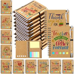 12 Sets Teacher Appreciation Gifts from Students, Teacher Spiral Notebooks Kraft Cover Notepads with Colored Sticky Notes Flags Bamboo Ballpoint Pens Office Supplies Back to School Gifts