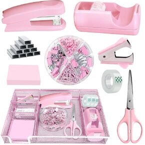 إكسسوارات مكتب Pink Office ، منظم درج المكتب ، مجموعة دباسة ومجموعة من موزع الشريط ، موزع الشريط ، مزيل العناصر الأساسية ، المواد الغذائية ، مقاطع ، مقص وملاحظة لزجة ، هدايا لكتبة المكاتب النسائية (الوردي)