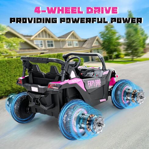 4WD Kids Ride on Car, 24V Electric Off-Road UTV Truck, 20" Spacious 2 Seat, 7Ah Large Battery Electric Car with Remote Control, Safety Belt, Horn, Music, and Lights for Kids Aged 3-8 Years Pink in Saudi Arabia