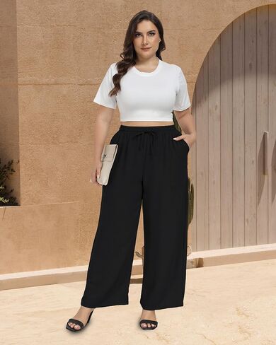 VOGUEMAX Womens Plus Size Wide Leg Pants Soft Casual Pants Loose Fit Comfy Drawstring High Waisted Pants with Pockets in Saudi Arabia