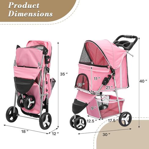 Athena Collection 3 Wheels Pet Stroller Folding Dog Stroller for Medium Dogs 33 Lbs Cat Puppy Stroller Pet Gear Dog Stroller with Detachable Carrier, Cup Holder, Bottom Storage, Pink in Saudi Arabia