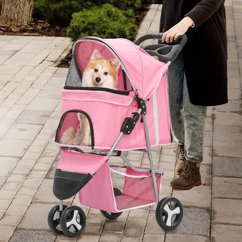 Athena Collection 3 Wheels Pet Stroller Folding Dog Stroller for Medium Dogs 33 Lbs Cat Puppy Stroller Pet Gear Dog Stroller with Detachable Carrier, Cup Holder, Bottom Storage, Pink in Saudi Arabia