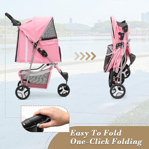 Athena Collection 3 Wheels Pet Stroller Folding Dog Stroller for Medium Dogs 33 Lbs Cat Puppy Stroller Pet Gear Dog Stroller with Detachable Carrier, Cup Holder, Bottom Storage, Pink in Saudi Arabia