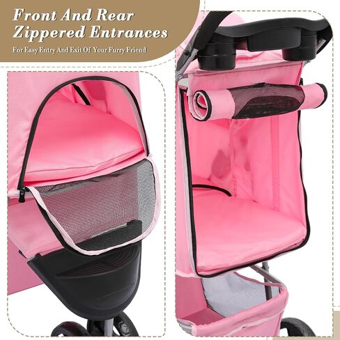 Athena Collection 3 Wheels Pet Stroller Folding Dog Stroller for Medium Dogs 33 Lbs Cat Puppy Stroller Pet Gear Dog Stroller with Detachable Carrier, Cup Holder, Bottom Storage, Pink in Saudi Arabia