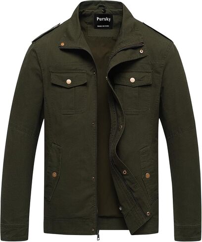 Pursky Men's Military Jacket Casual Washed Cotton Hooded Canvas Coat Fall Coat in Kuwait