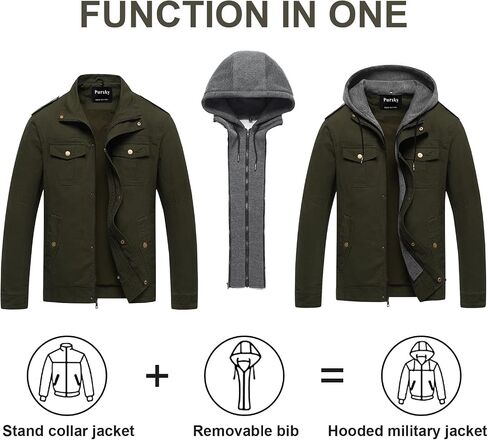 Pursky Men's Military Jacket Casual Washed Cotton Hooded Canvas Coat Fall Coat in Kuwait