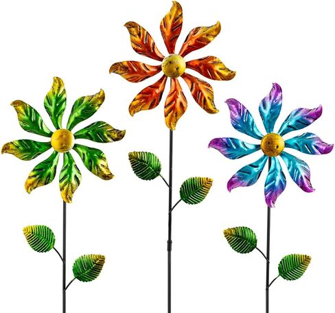 DREAMYSOUL 3 Packs Metal Flowers Wind Spinners Outdoor, Pinwheel Decorative Garden Stakes, Metal Wind Spinner for Yard and Garden Decor in Saudi Arabia