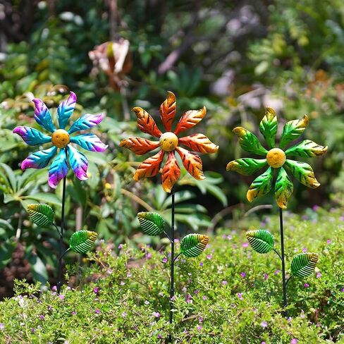 DREAMYSOUL 3 Packs Metal Flowers Wind Spinners Outdoor, Pinwheel Decorative Garden Stakes, Metal Wind Spinner for Yard and Garden Decor in Saudi Arabia