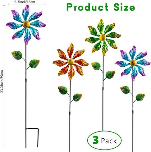 DREAMYSOUL 3 Packs Metal Flowers Wind Spinners Outdoor, Pinwheel Decorative Garden Stakes, Metal Wind Spinner for Yard and Garden Decor in Saudi Arabia