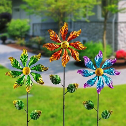 DREAMYSOUL 3 Packs Metal Flowers Wind Spinners Outdoor, Pinwheel Decorative Garden Stakes, Metal Wind Spinner for Yard and Garden Decor in Saudi Arabia