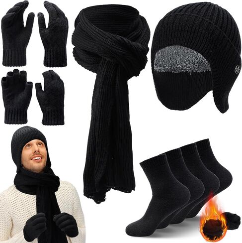 8 Pcs Winter Warm Set for Men Black Knitted Beanie Earflap Cap Touchscreen Half Finger Glove Scarf Socks in Kuwait
