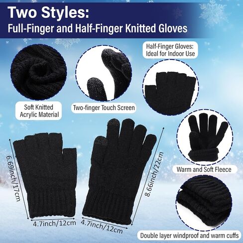 8 Pcs Winter Warm Set for Men Black Knitted Beanie Earflap Cap Touchscreen Half Finger Glove Scarf Socks in Kuwait