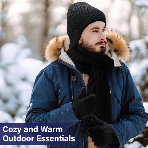 8 Pcs Winter Warm Set for Men Black Knitted Beanie Earflap Cap Touchscreen Half Finger Glove Scarf Socks in Kuwait