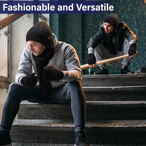 8 Pcs Winter Warm Set for Men Black Knitted Beanie Earflap Cap Touchscreen Half Finger Glove Scarf Socks in Kuwait