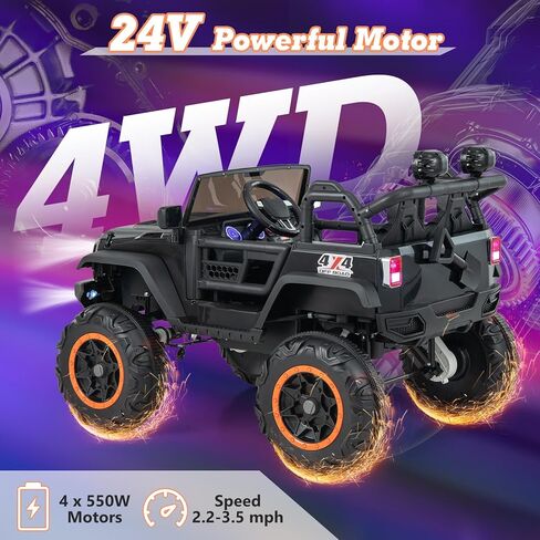 Olakids 24V ركوب على السيارة ، 2WD/4WD Switchable 2 مقعدًا ، شاحنة جيب كهربائية ، مقعد عريض ، مقعد عريض ، وعجلات طاقة 4x550W ، والتحكم عن بعد ، وفرامل ناعمة ، وضوء LED ، والموسيقى (أسود) in Kuwait