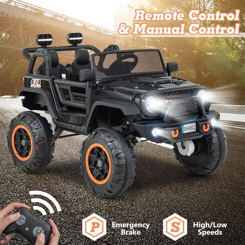 Olakids 24V ركوب على السيارة ، 2WD/4WD Switchable 2 مقعدًا ، شاحنة جيب كهربائية ، مقعد عريض ، مقعد عريض ، وعجلات طاقة 4x550W ، والتحكم عن بعد ، وفرامل ناعمة ، وضوء LED ، والموسيقى (أسود) in Kuwait