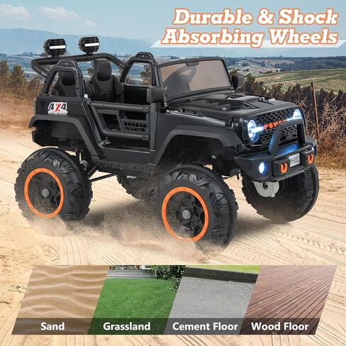 Olakids 24V ركوب على السيارة ، 2WD/4WD Switchable 2 مقعدًا ، شاحنة جيب كهربائية ، مقعد عريض ، مقعد عريض ، وعجلات طاقة 4x550W ، والتحكم عن بعد ، وفرامل ناعمة ، وضوء LED ، والموسيقى (أسود) in Kuwait
