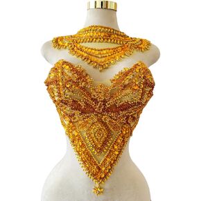 Handmade Rhinestones Applique sew on lace Crystal Sequins Trim Patches Accessories for Dress Clothing Neckline and Chest Decorative Material 2PCS/Set (Gold)