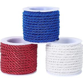 3 Rolls 3mm Red White Blue Nylon Twine Rope Elastic Braided Xmas Decorative Honer Thread Satin Vintage Polyester Handfast Craft Twine Cord for Sewing Making Crafts Supply Home Decorations