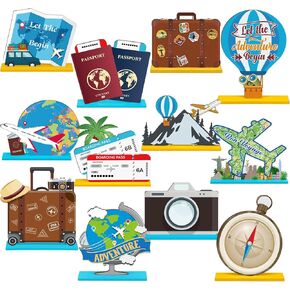 Marsui 12 PCS Travel تحت عنوان خشبي مركزية طاولة القبعات العليا مغامرة في انتظار ديكور الحفلات السفر حول العالم بون مائدة ديكور الصور الدعائم للسماح للمغامرة بالذهاب إلى الحفلة