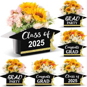 ESTUNE 6 PCS 2025 التخرج المركزية لزخارف الجدول تخرج CAP صناديق الزهور فئة 2025 تهنئة القبعات العليا للذهب الأسود GRART Party Suppors Suppors