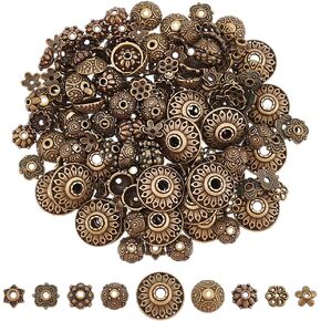 UniCraftale 198pcs 9 أنماط قبعات حبة حبة المعادن تغطية الطرف التبتي على الطراز التبتي خمر الزهرة كبسولات حبة البرونز العتيقة حبات الغطاء البرونزي العتي