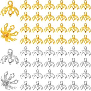 50 Pcs Flower Bead Caps, Ornament Caps Metal Beads End Caps with 7 Prong, Gold and Silver Jewelry End Caps Caps Toppers for Bracelets, DIY, Crafts, Jewelry Making