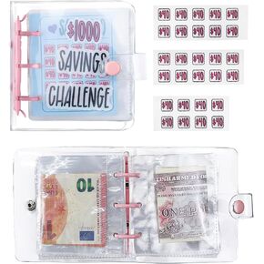 Mini Savings Binder ، PVC PVC $ 1000 $ ادخار كتاب مع ملصق ، غرض مزدوج لتوفير أو وضع الميزانية بطريقة ممتعة وسهلة ، Mini Money Challenge Binder (Pink)
